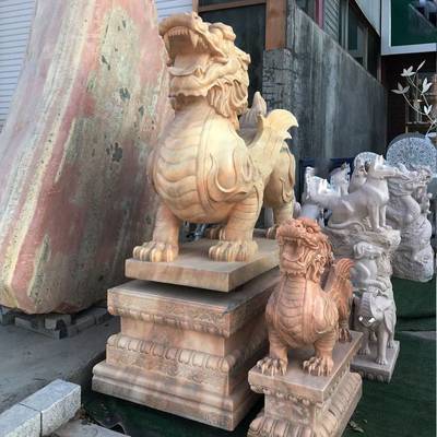佳博雕刻供应精品石雕貔貅 镇宅石雕摆件 晚霞红大理石貔貅