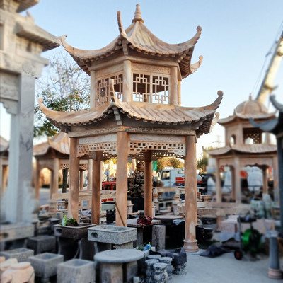 晚霞红石雕亭子 古建长廊石凉亭 双层石亭子 别墅园林乘凉休息工程