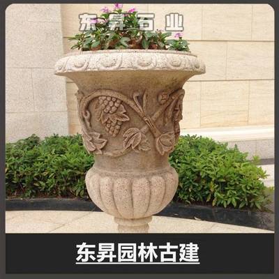 花岗岩花钵 埃及米黄花钵 石雕花钵 景观房地产专用石材花钵
